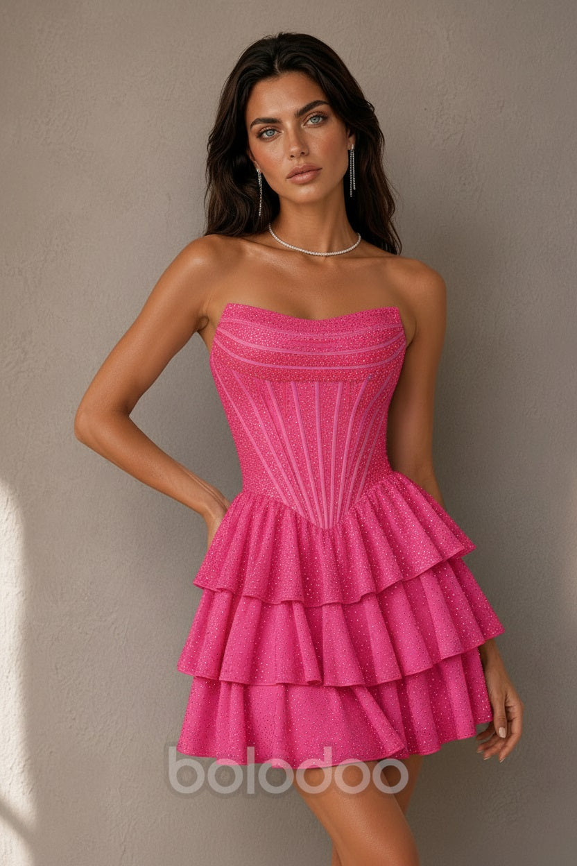 BOLODOO Hot Pink Rhinestone Corset Tiered Ruffle Lace-Up Back Mini Dress - Full Front | BOLODOO watermark