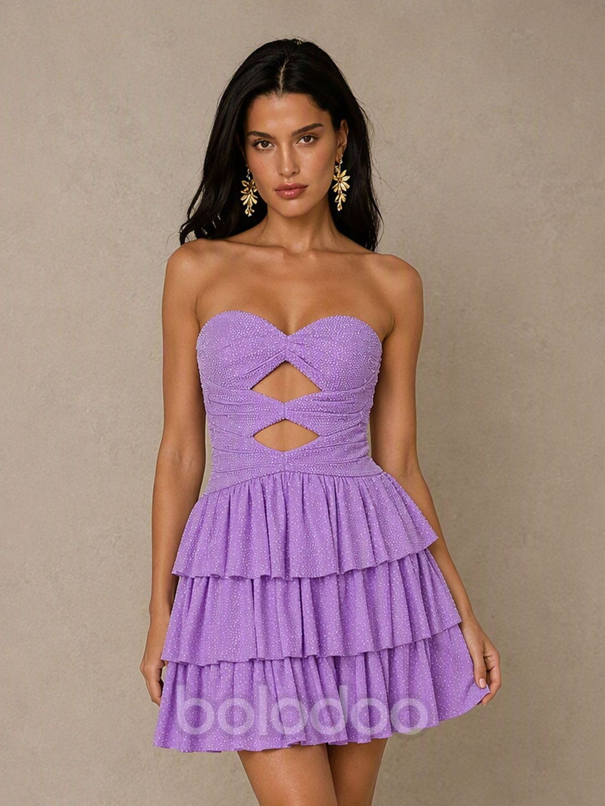 BOLODOO BD0594 Lavender Strapless Sweetheart Cutout Glitter Tiered Ruffle Mini Dress - Front Full Length Cutout Detail View | BOLODOO watermark