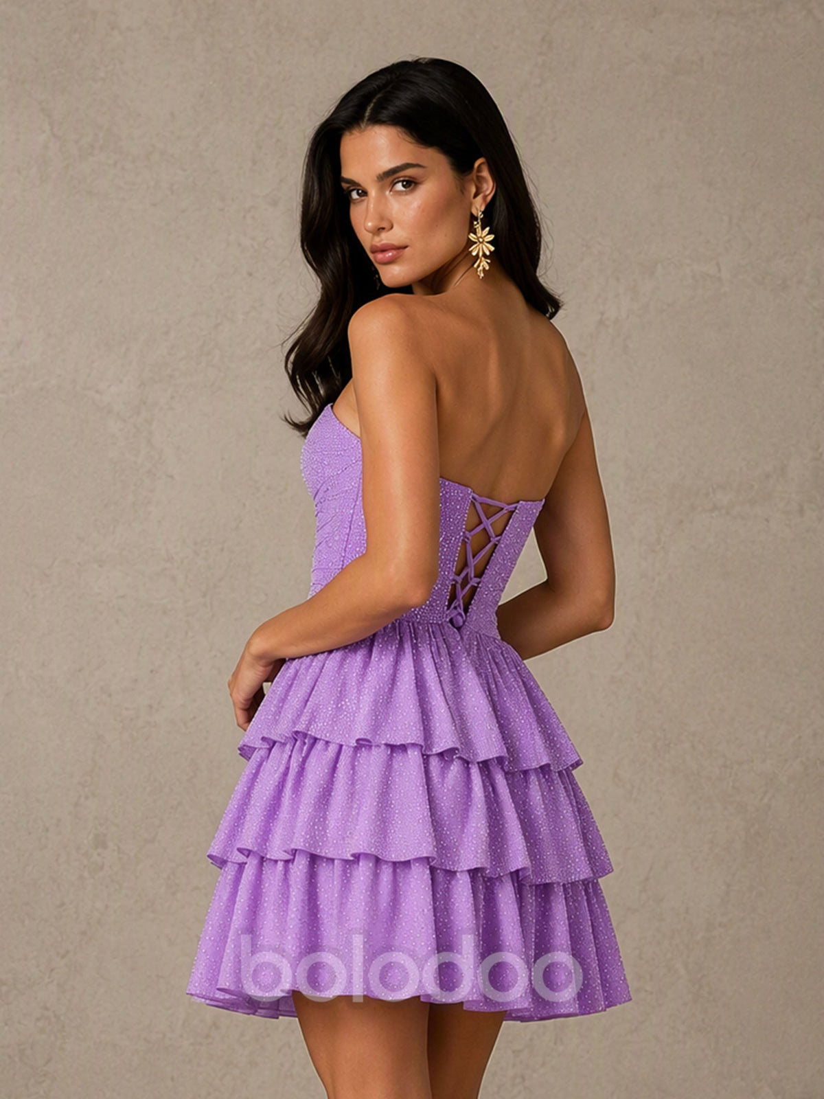 BOLODOO BD0594 Lavender Strapless Sweetheart Cutout Glitter Tiered Ruffle Mini Dress - Front Full Length Second Angle View | BOLODOO watermark