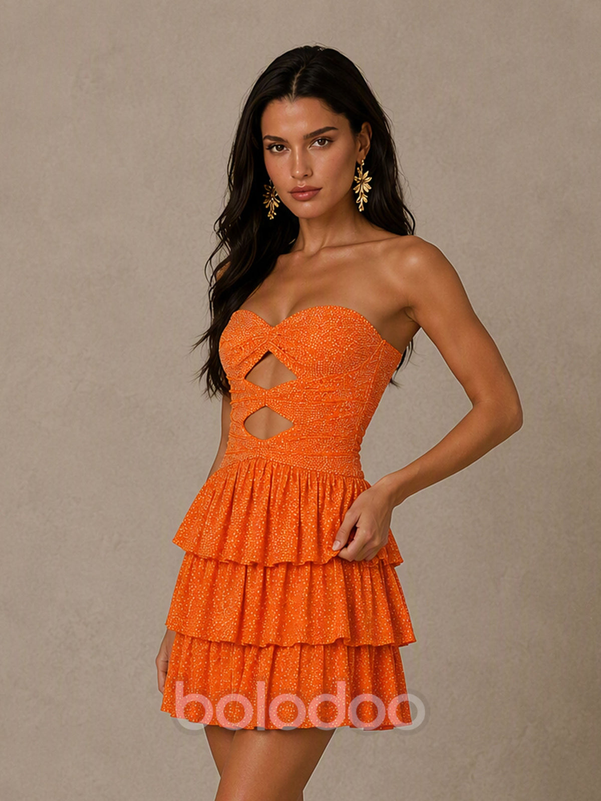 BOLODOO BD0594 Orange Strapless Sweetheart Cutout Glitter Tiered Ruffle Mini Dress - Lace-Up Corset Back View | BOLODOO watermark