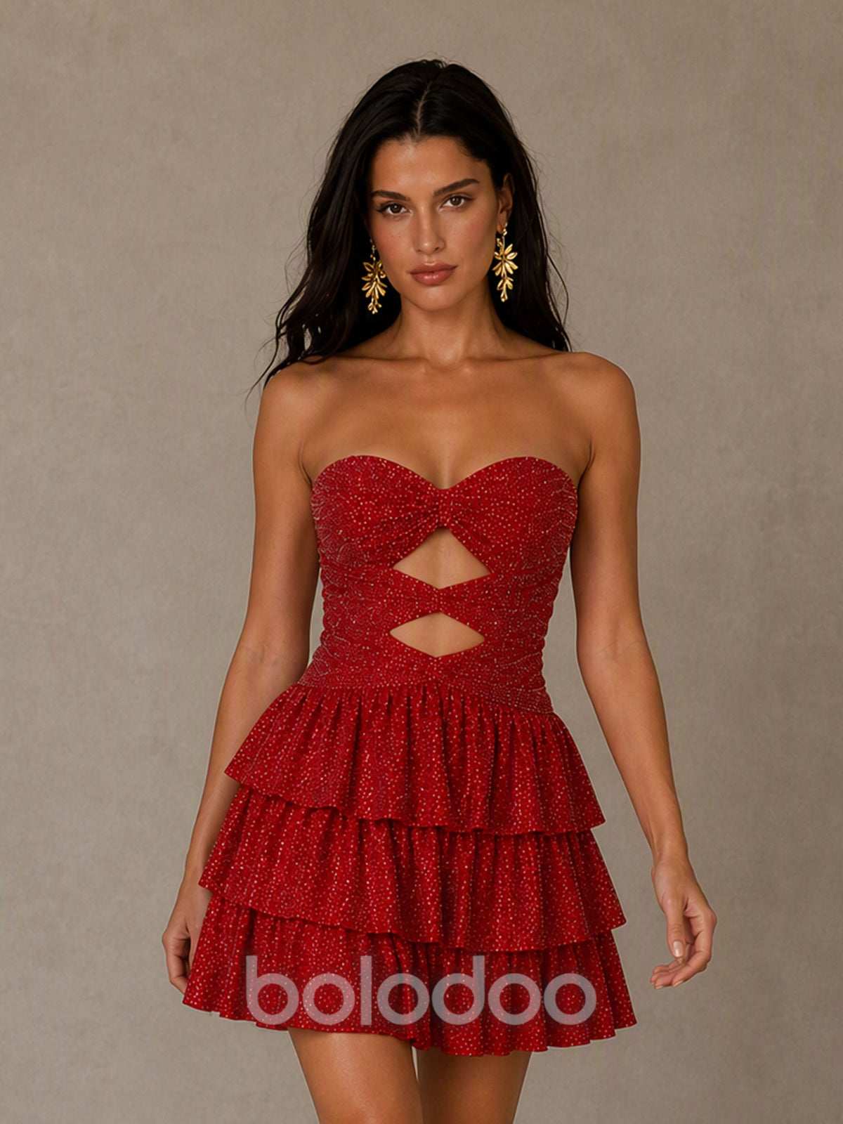 BOLODOO BD0594 Red Strapless Sweetheart Twist Cutout Glitter Tiered Ruffle Mini Dress - Front Full Length Cutout Detail View | BOLODOO watermark