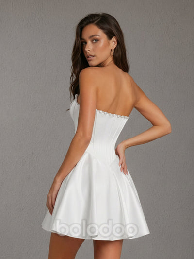 BOLODOO White Satin Pearl Trim Strapless Corset Mini Dress - Front Close-Up Detail View | BOLODOO watermark