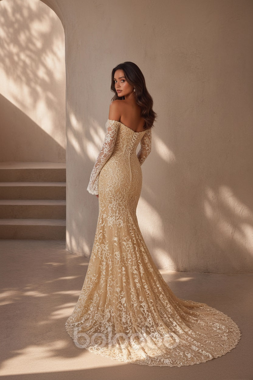 BOLODOO Champagne Lace Mermaid Wedding Gown - Back with Train | BOLODOO watermark