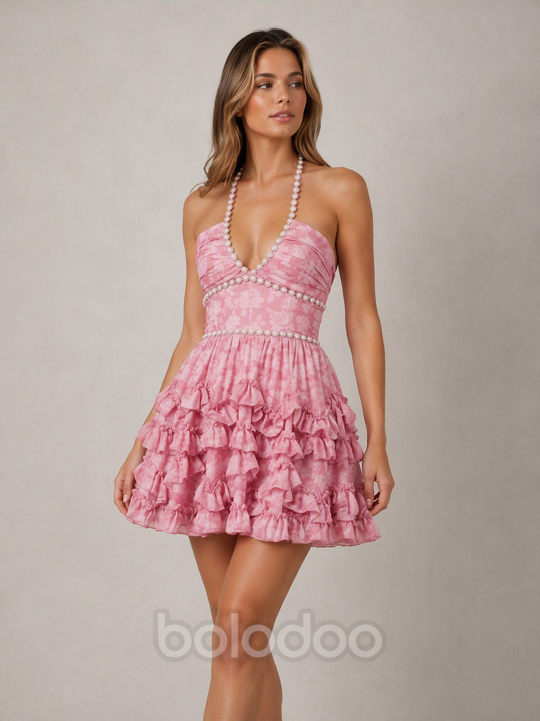 BOLODOO Pink pearl trim halter tiered ruffle mini dress - front full-length view | BOLODOO watermark
