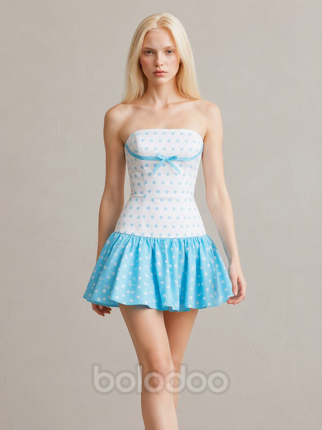 BOLODOO Sky blue and white polka dot bow strapless mini dress - front full-length view | BOLODOO watermark