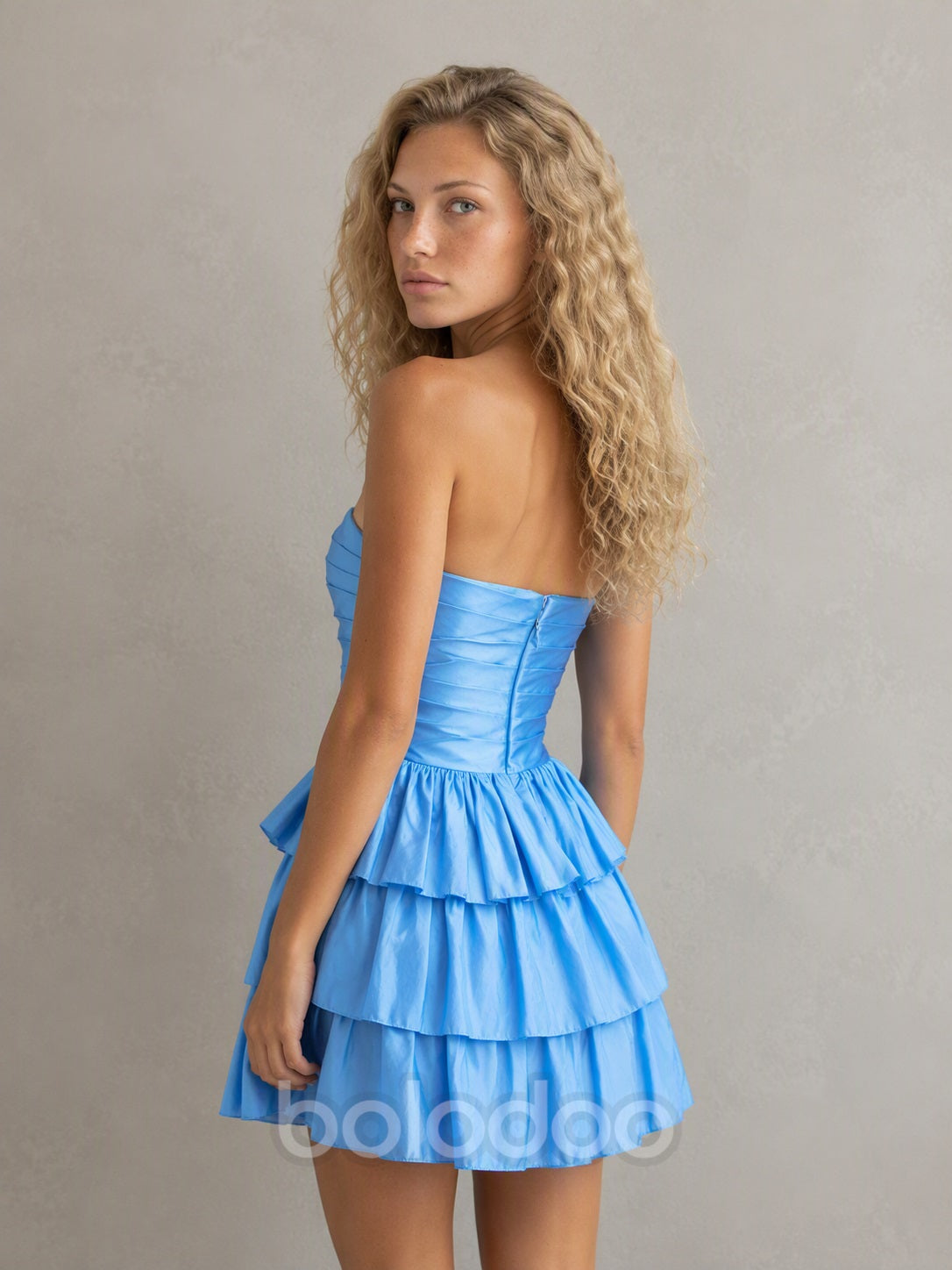 BOLODOO Sky Blue Tiered Strapless Mini Dress - Sky Blue - image 2 | BOLODOO watermark