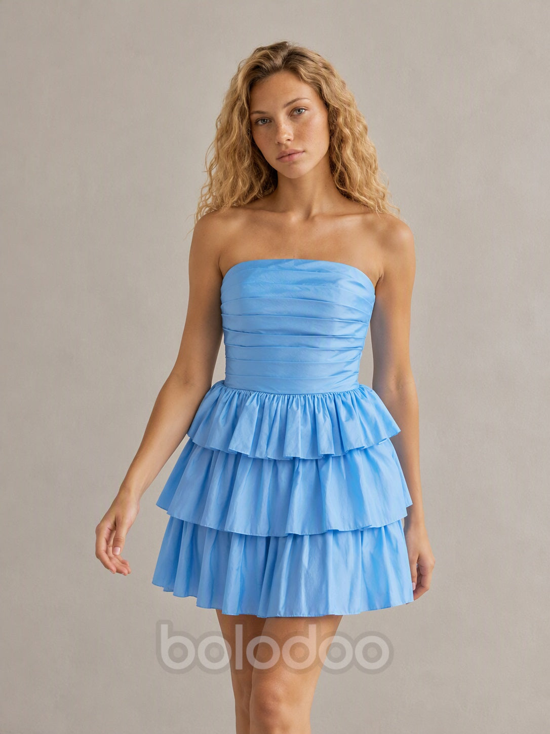 BOLODOO Sky Blue Tiered Strapless Mini Dress - Sky Blue - image 3 | BOLODOO watermark