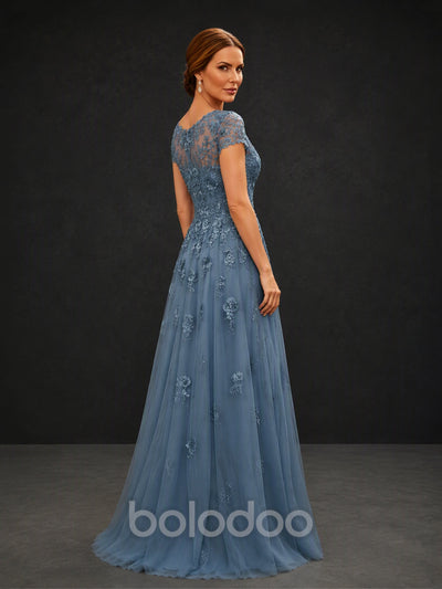 BOLODOO BX0001 dusty blue A-line floor-length gown - full front view showing tulle skirt with scattered lace appliqués | BOLODOO watermark