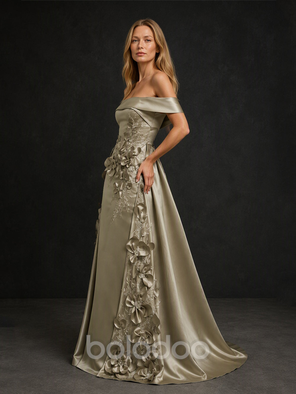 BOLODOO BX0002 champagne gold formal gown - three-quarter front view showing A-line silhouette and 3D satin floral detail on skirt | BOLODOO watermark