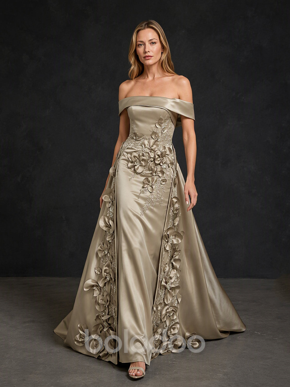 BOLODOO BX0002 champagne gold off-shoulder gown - side view showing sweeping train and full floral appliqué cascade | BOLODOO watermark