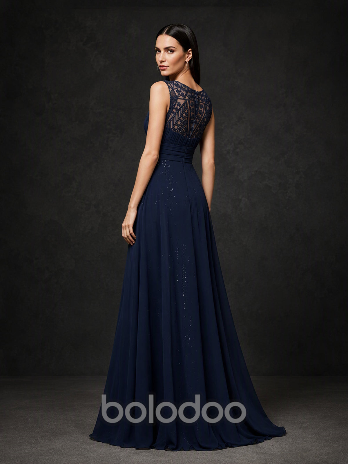 BOLODOO BX0003 navy blue sleeveless gown - side view showing A-line silhouette and floor-length chiffon skirt | BOLODOO watermark