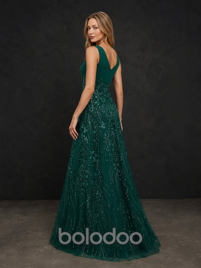 BOLODOO BX0004 emerald green beaded sequin gown - back view showing V-back and full beaded tulle skirt embroidery | BOLODOO watermark