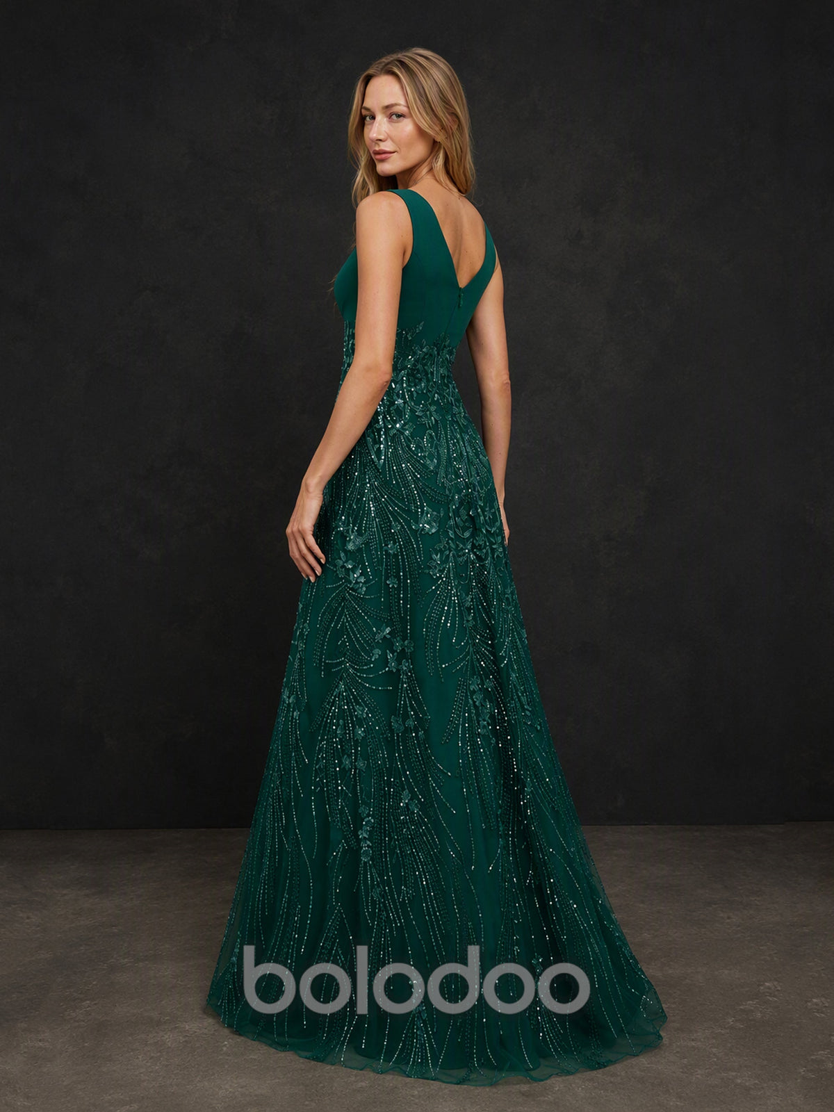 BOLODOO BX0004 emerald green beaded sequin gown - back view showing V-back and full beaded tulle skirt embroidery | BOLODOO watermark