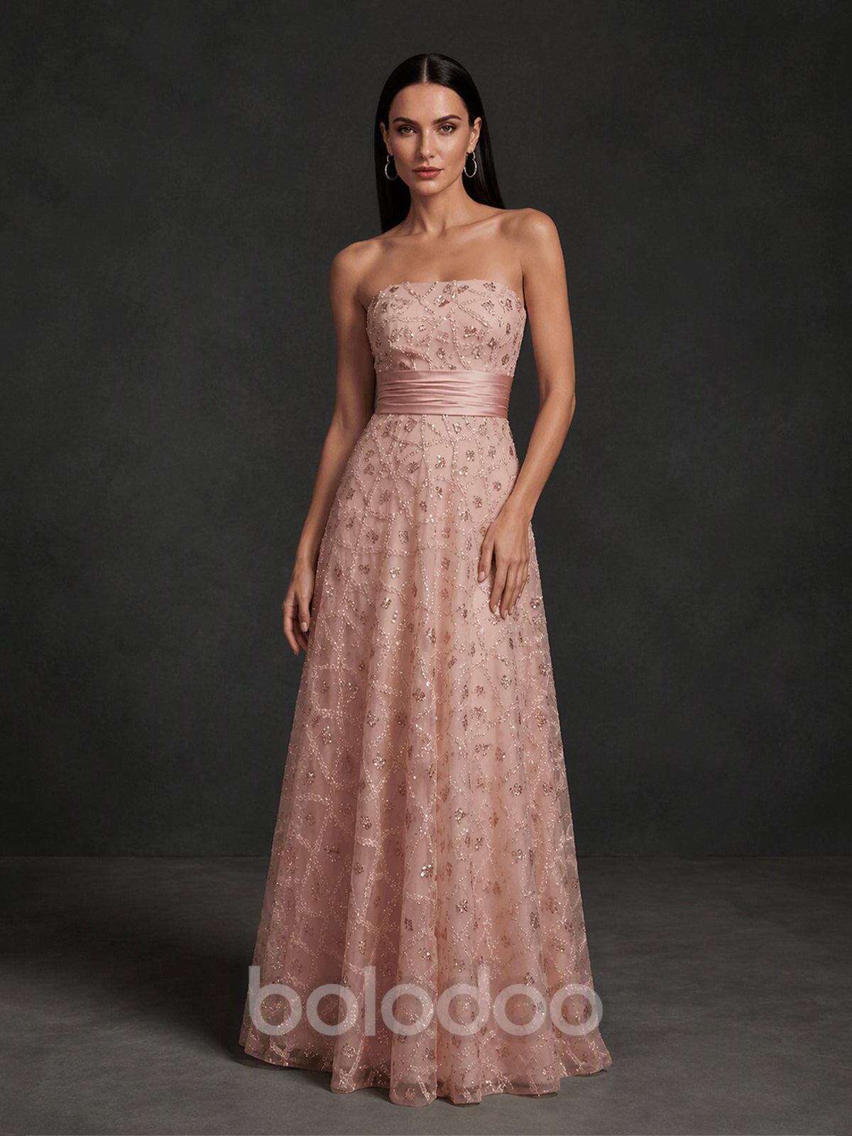 BOLODOO BX0005 blush pink glitter tulle A-line gown with high-neck cape - full front view showing dramatic cape sleeves and glitter floral tulle skirt | BOLODOO watermark