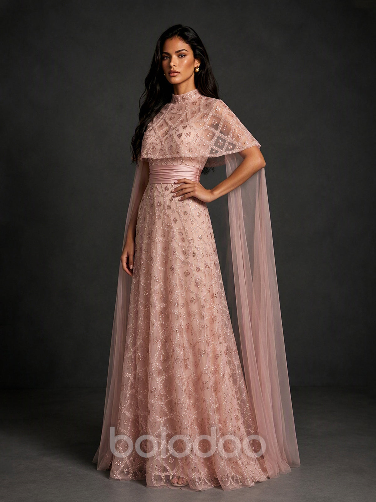 BOLODOO BX0005 blush pink strapless gown - side view showing A-line silhouette and floor-length glitter tulle skirt | BOLODOO watermark