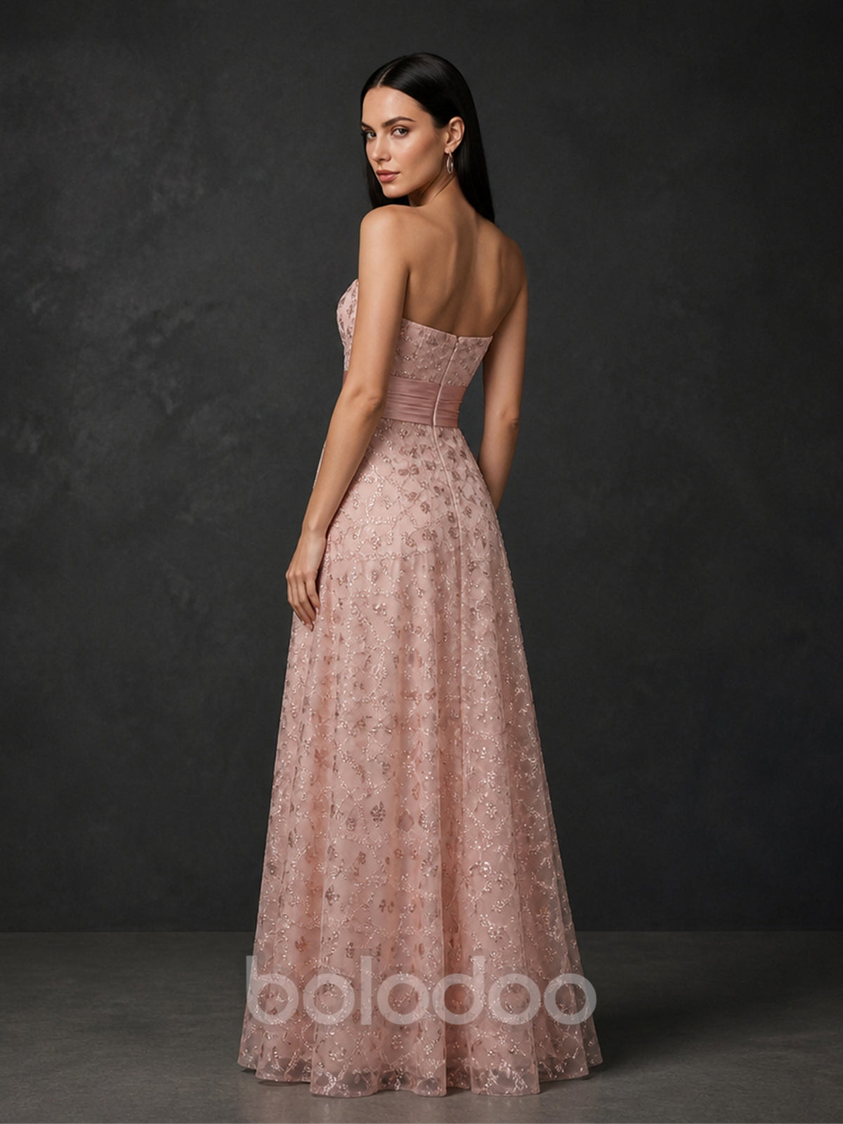 BOLODOO BX0005 blush pink strapless gown - back view showing open back and full glitter tulle A-line skirt | BOLODOO watermark