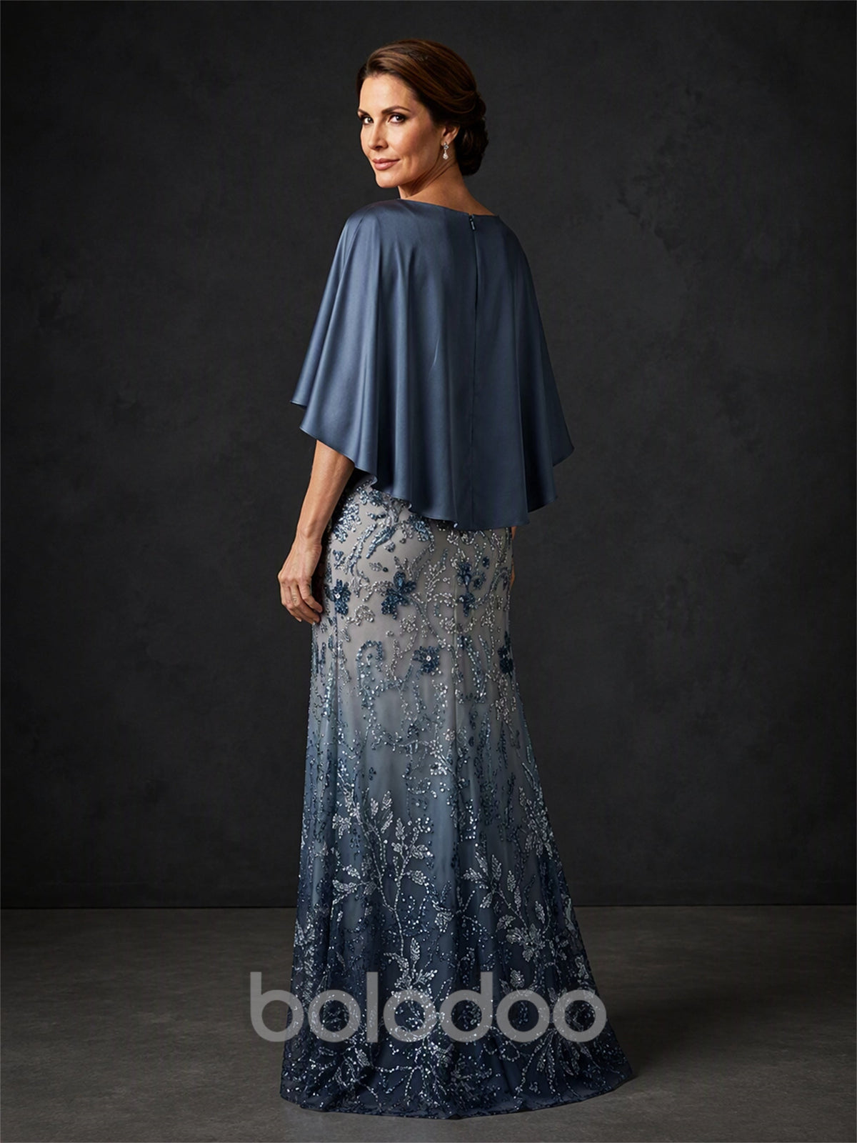 BOLODOO BX0006 steel blue bateau neck cape sleeve beaded lace mermaid gown - full front view showing satin cape and ombré beaded lace skirt | BOLODOO watermark