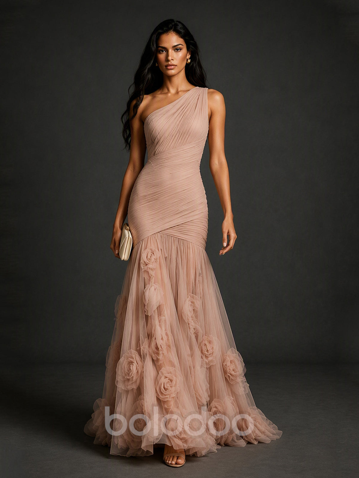 BOLODOO BX0008 blush pink one-shoulder gown - back view showing open back, ruched tulle and 3D rose appliqué sweep train | BOLODOO watermark