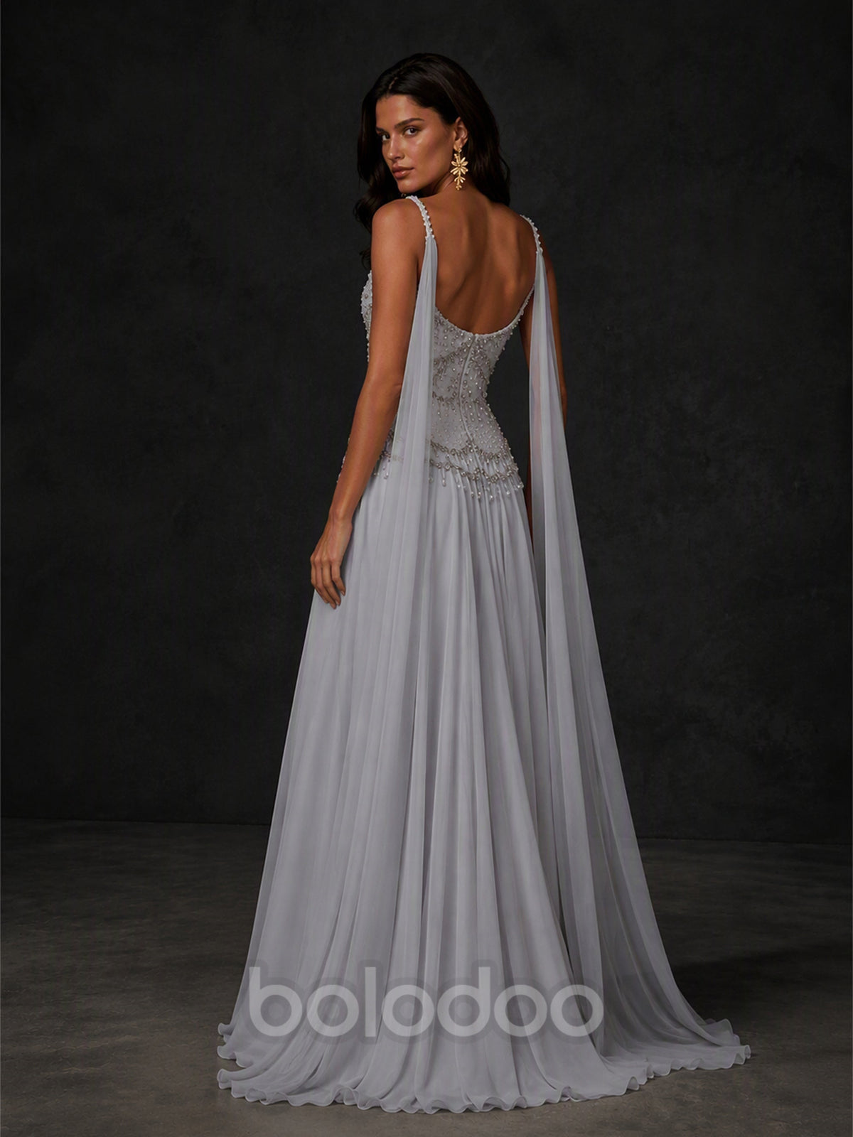 BOLODOO BX0011 silver grey chiffon cape gown - back view showing open low back, beaded spaghetti straps and bilateral chiffon capes with sweeping train | BOLODOO watermark