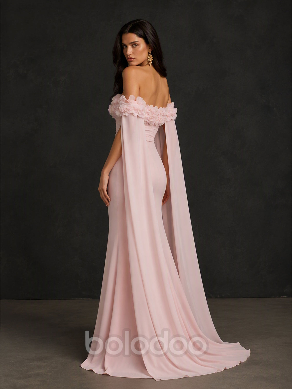 BOLODOO BX0013 blush pink chiffon cape mermaid gown - back view showing open back, back slit, bilateral chiffon capes and sweep train | BOLODOO watermark