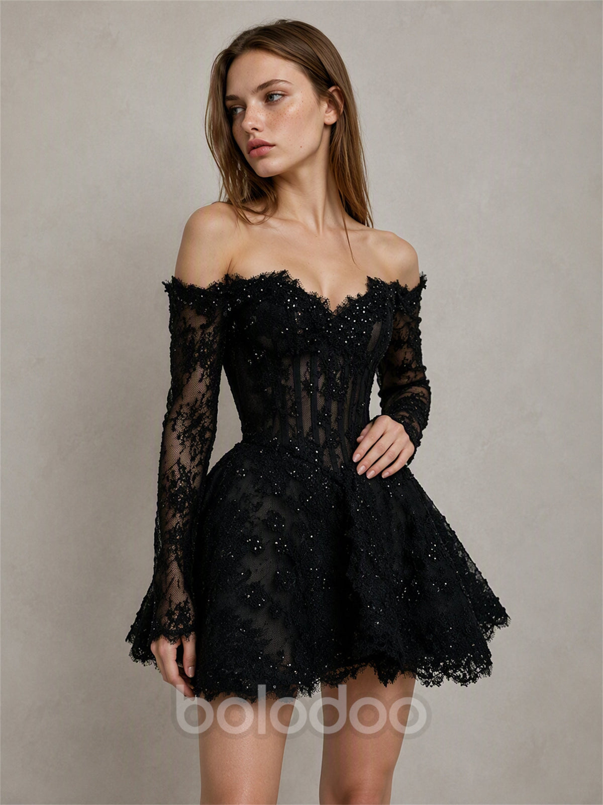 BOLODOO BX0021 black off-shoulder long sleeve sheer lace sequin corset A-line mini dress - full front view showing scalloped off-shoulder neckline, glitter lace bodice and full A-line mini skirt | BOLODOO watermark