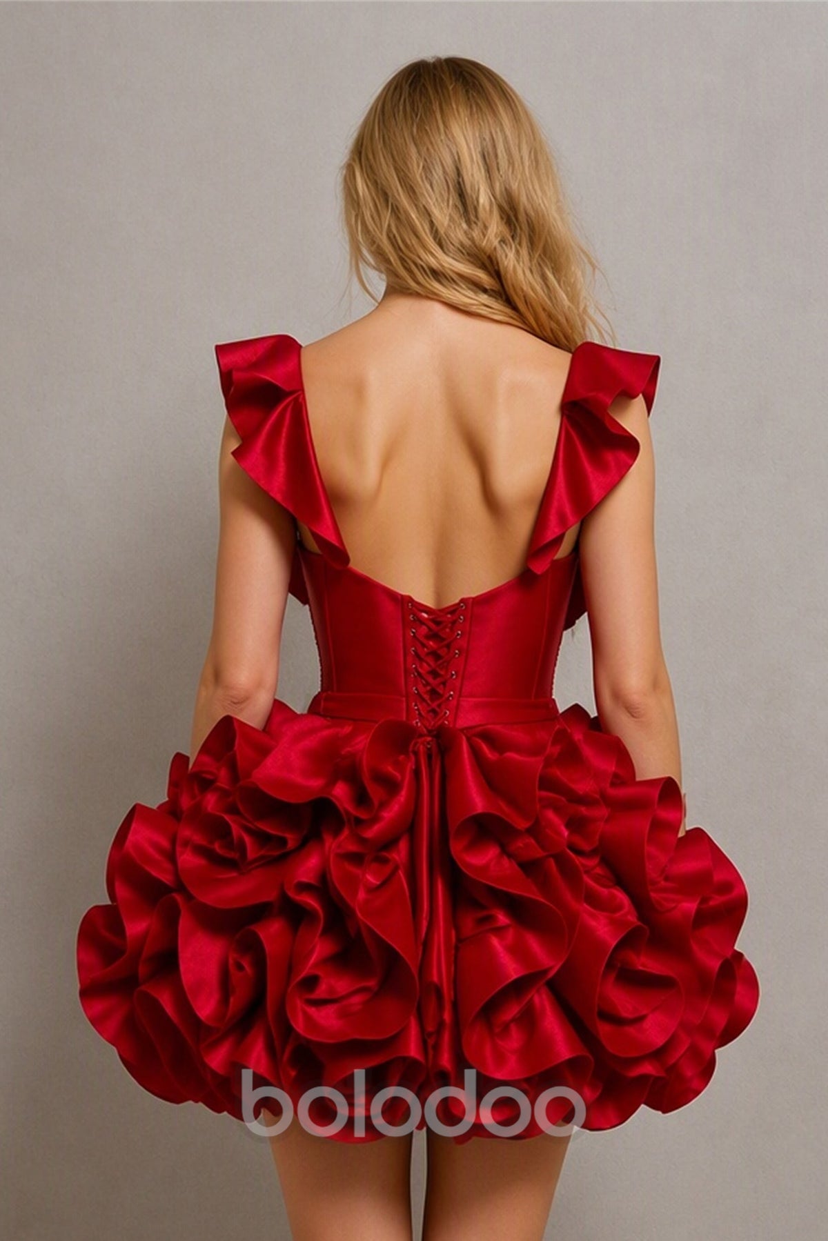 BOLODOO BX0022 red ruffle strap crystal beaded corset 3D rose satin bubble mini dress - full front view showing sweetheart neckline, crystal bodice and voluminous 3D rose petal bubble skirt | BOLODOO watermark