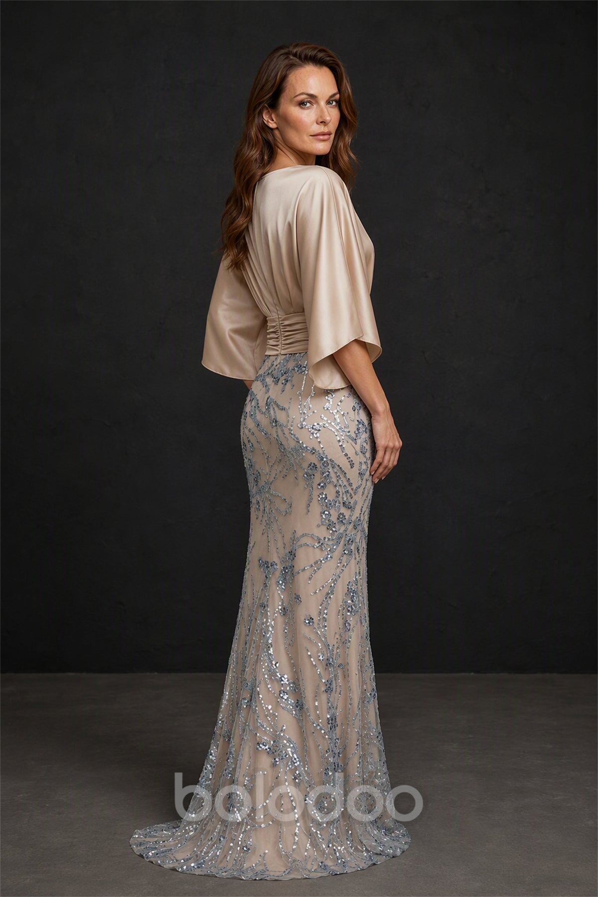 BOLODOO Champagne Cape Sleeve Beaded Lace Mermaid Gown - Front View | BOLODOO watermark