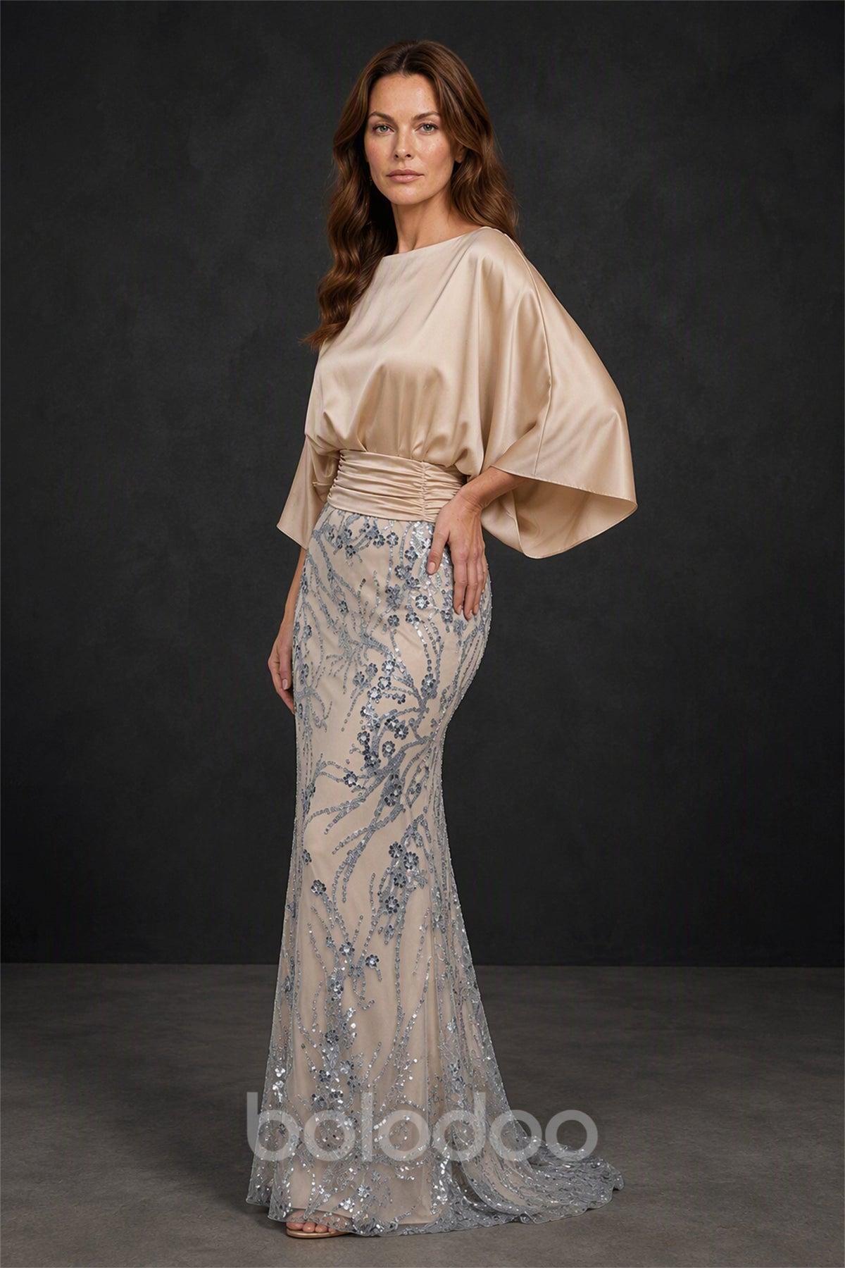 BOLODOO Champagne Cape Sleeve Beaded Lace Mermaid Gown - Front Full Length | BOLODOO watermark