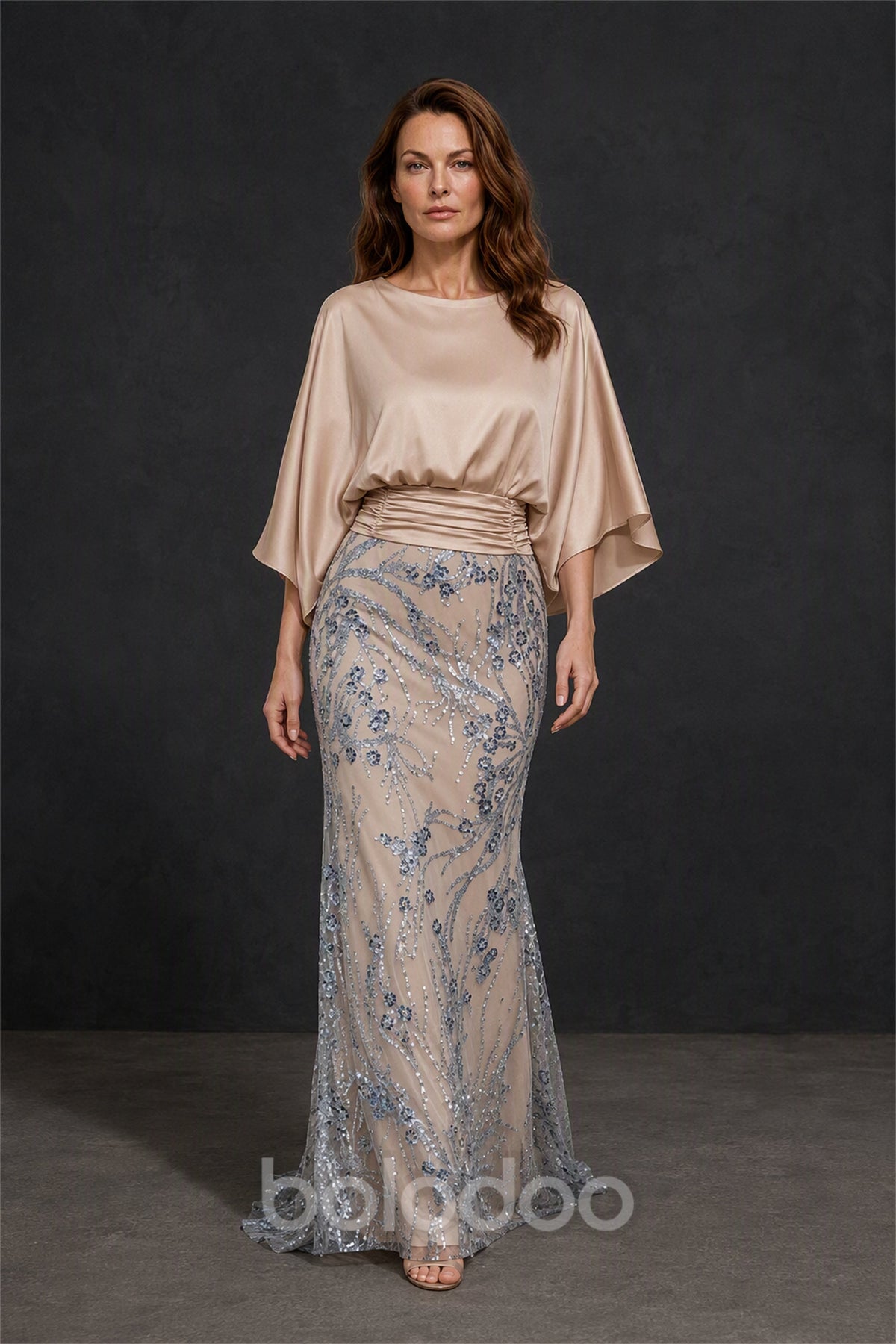 BOLODOO Champagne Cape Sleeve Beaded Lace Mermaid Gown - Side View | BOLODOO watermark