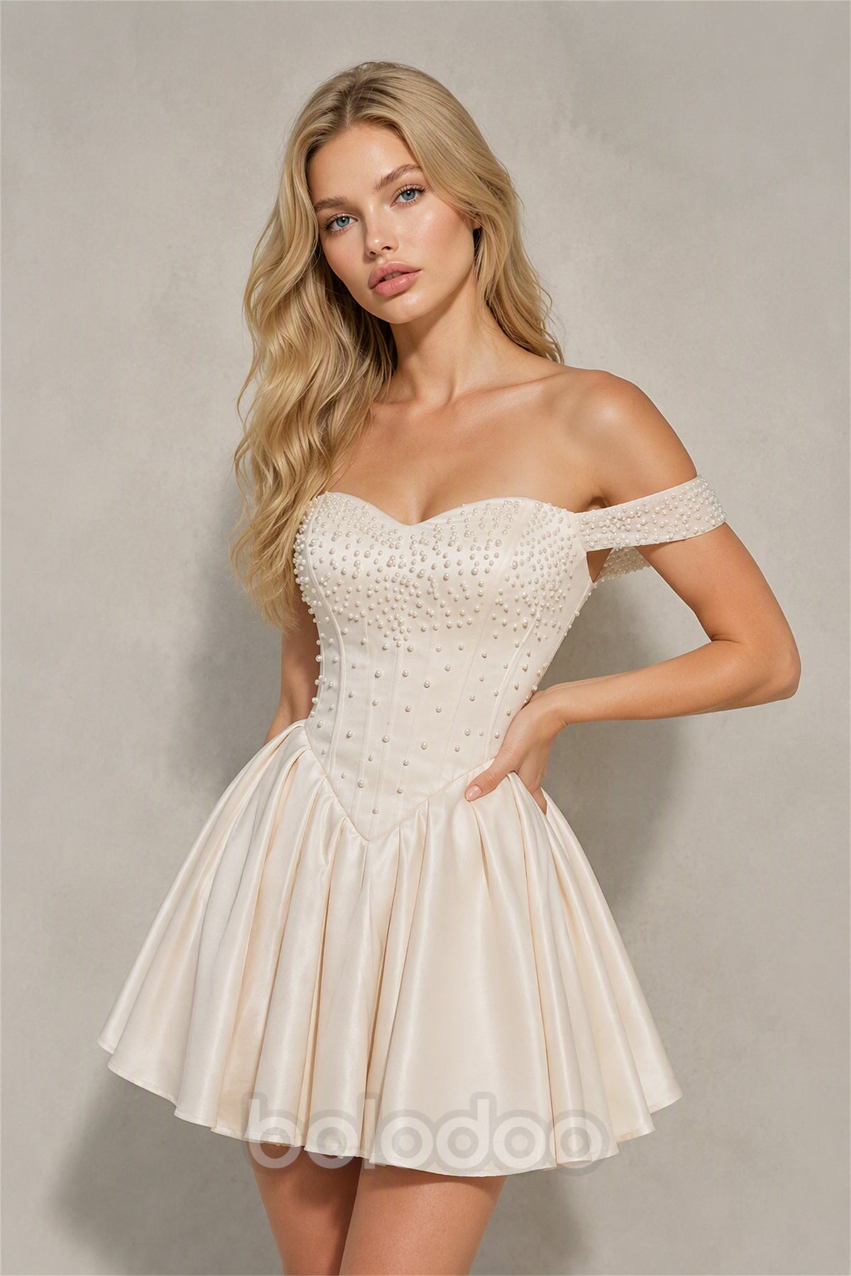 BOLODOO Champagne Pearl Off-Shoulder Corset Mini Dress - Back Lace-Up View | BOLODOO watermark