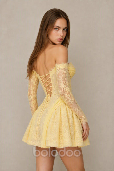 BOLODOO Yellow Lace Off-Shoulder Long Sleeve Corset Puff Mini Dress - Front Three Quarter View | BOLODOO watermark
