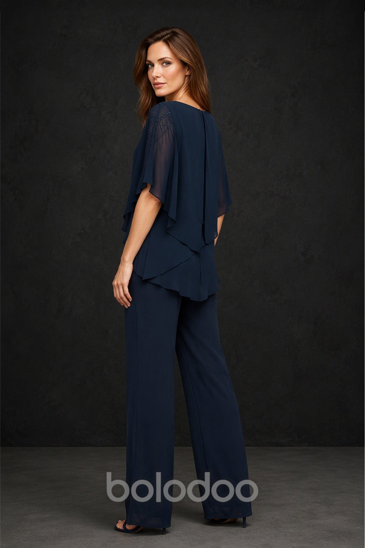 BOLODOO Navy Blue Chiffon Cape Sleeve Tiered Pantsuit - Front Close-Up Detail View | BOLODOO watermark