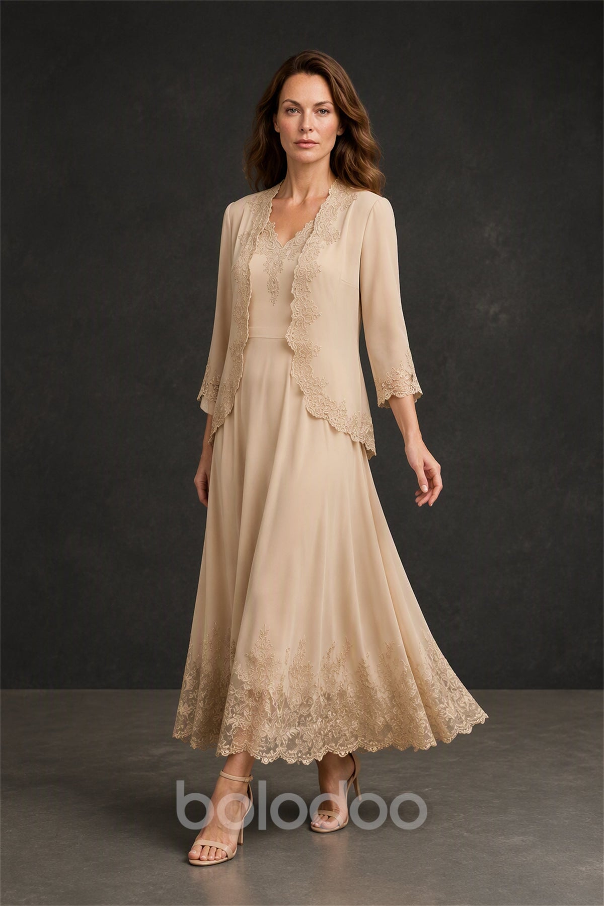 BOLODOO Champagne Chiffon Lace Jacket Tea Length Dress Set - Side Three Quarter View | BOLODOO watermark