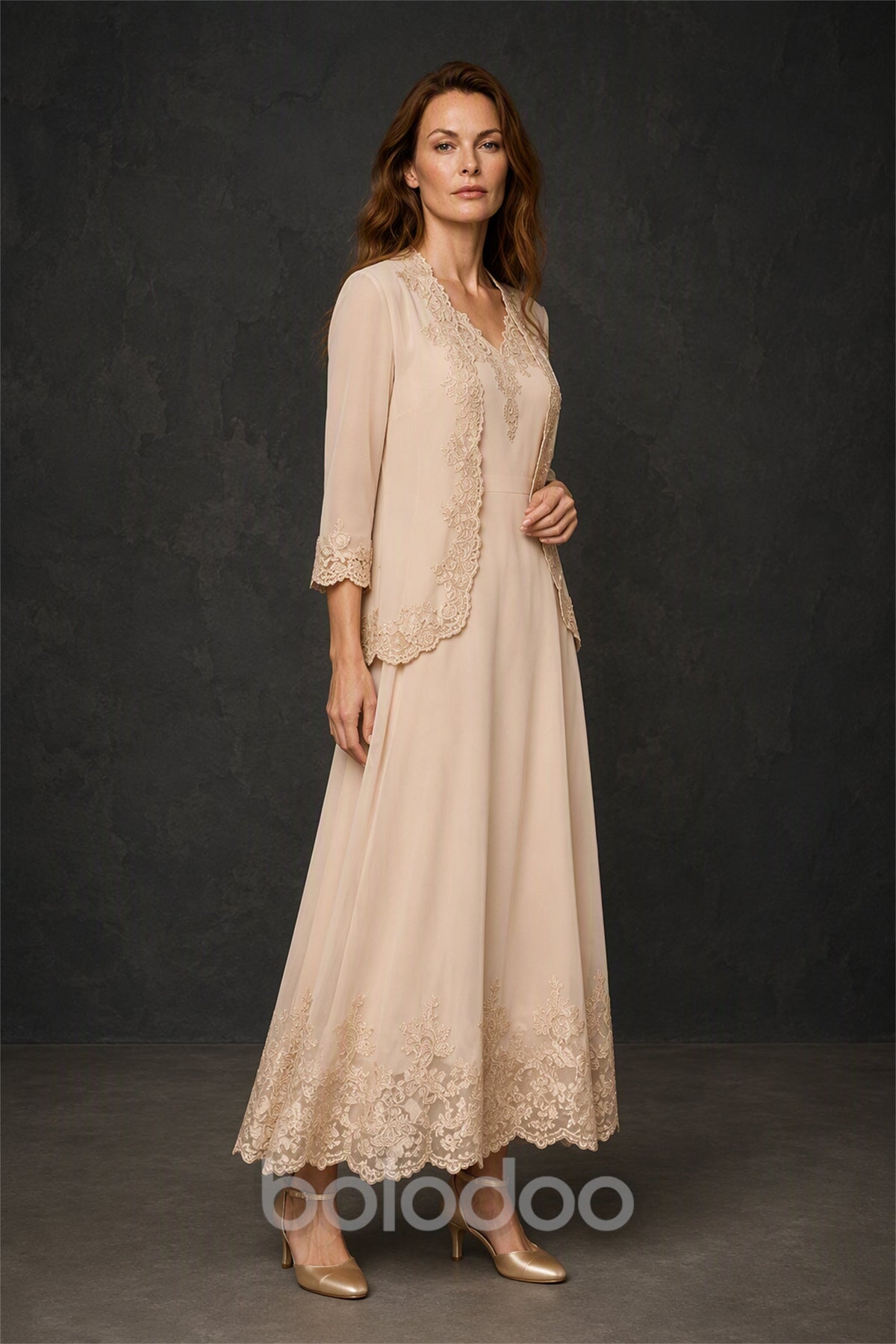 BOLODOO Champagne Chiffon Lace Jacket Tea Length Dress Set - Back View | BOLODOO watermark