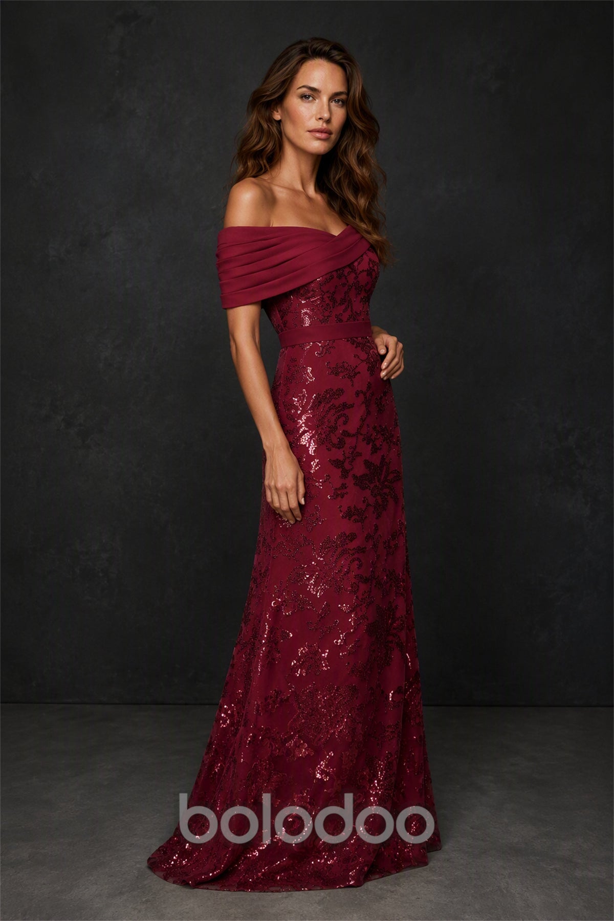 BOLODOO Burgundy Off-Shoulder Sequin Lace Mermaid Gown - Front Full Length View | BOLODOO watermark