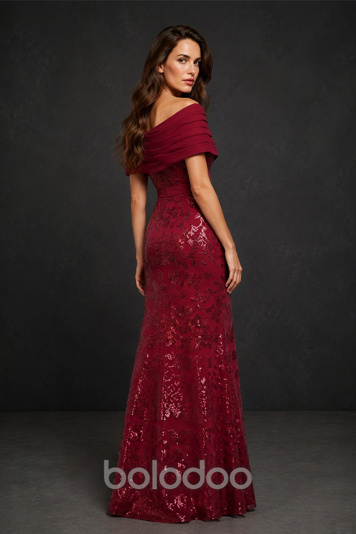 BOLODOO Burgundy Off-Shoulder Sequin Lace Mermaid Gown - Back View | BOLODOO watermark
