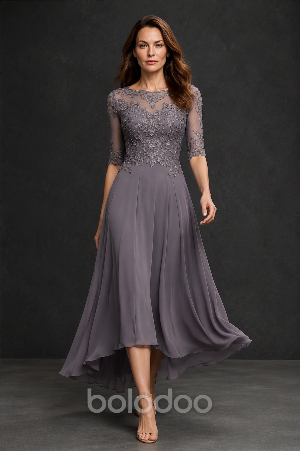 BOLODOO Dusty Mauve Illusion Lace 3/4 Sleeve Hi-Lo Chiffon Dress - Front Full Length View | BOLODOO watermark
