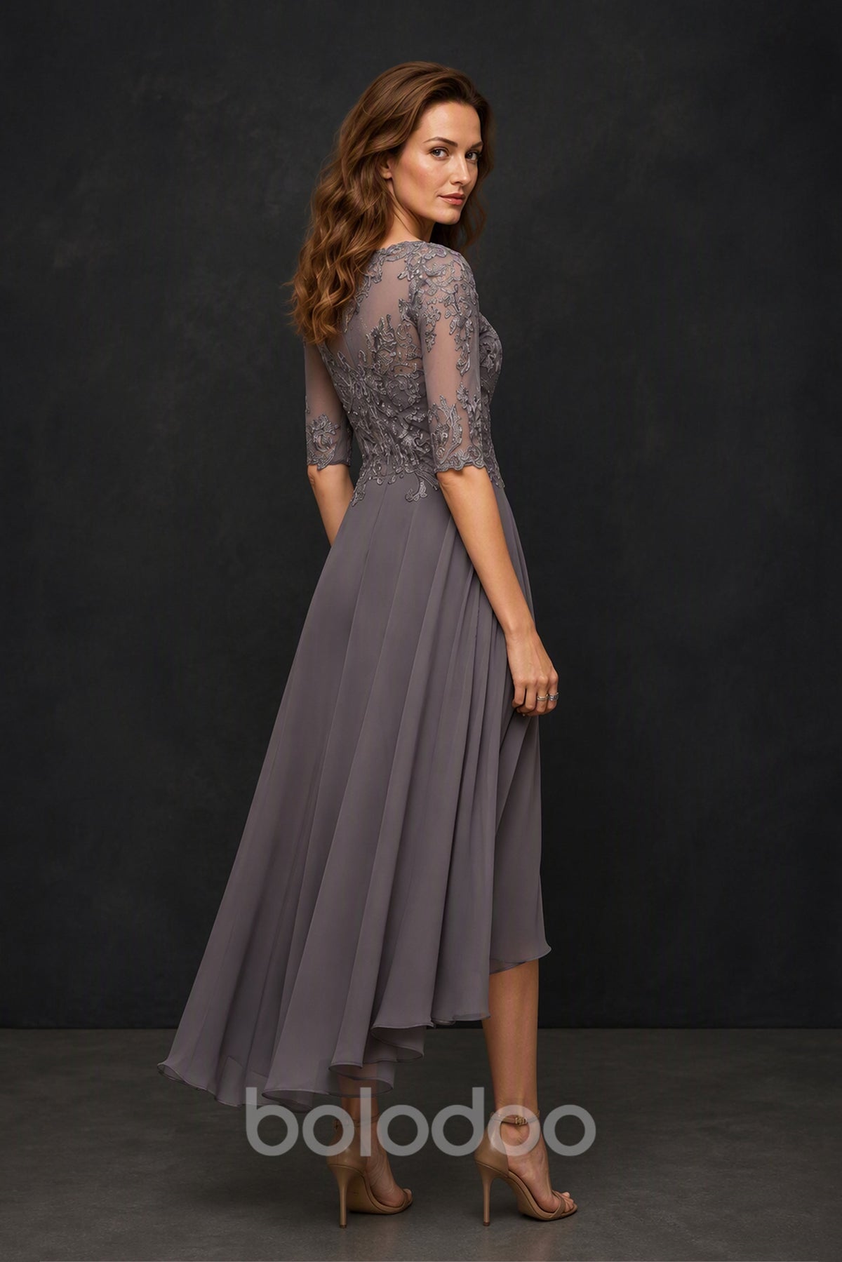 BOLODOO Dusty Mauve Illusion Lace 3/4 Sleeve Hi-Lo Chiffon Dress - Front Walking View | BOLODOO watermark