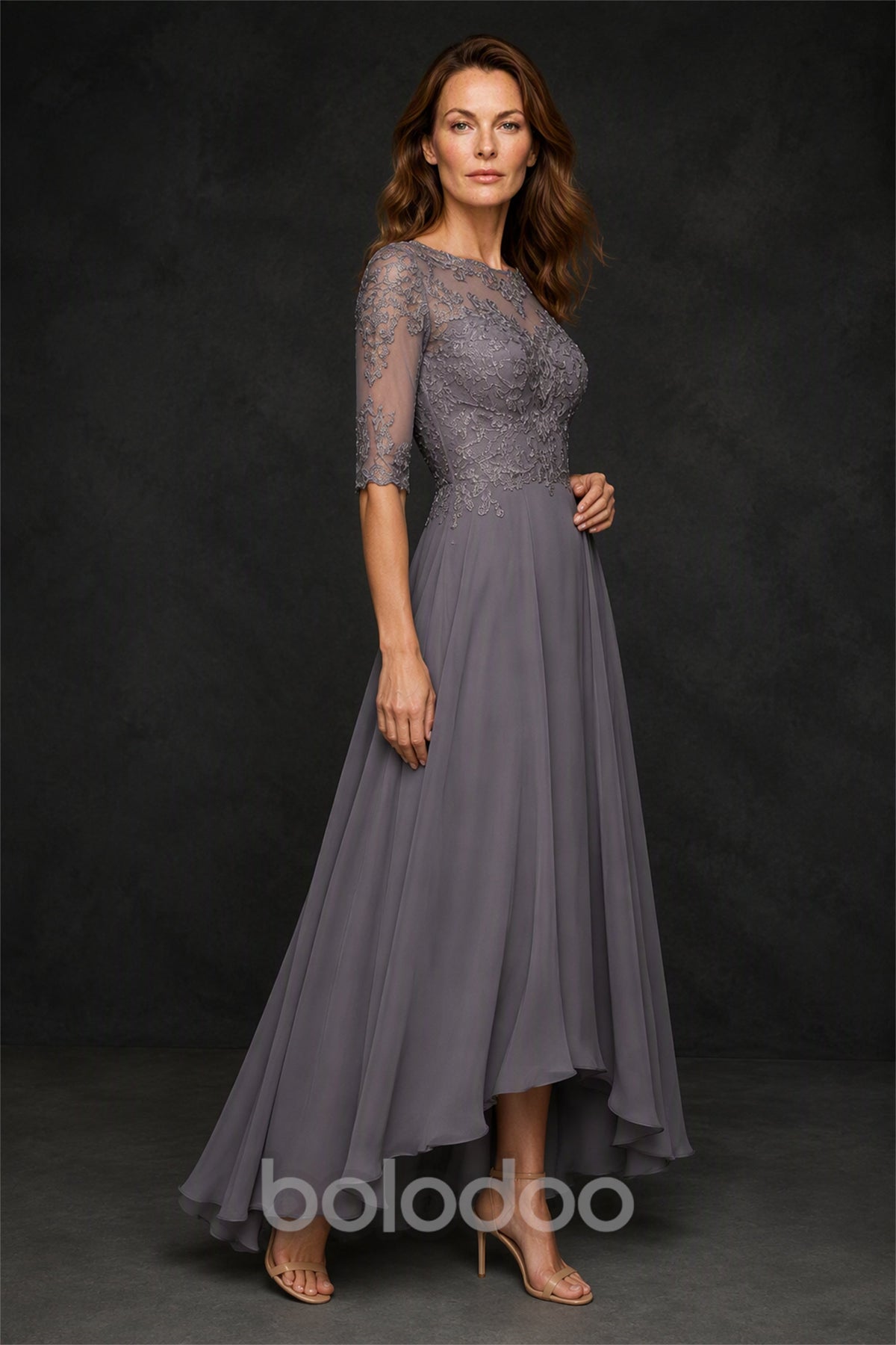 BOLODOO Dusty Mauve Illusion Lace 3/4 Sleeve Hi-Lo Chiffon Dress - Back View | BOLODOO watermark
