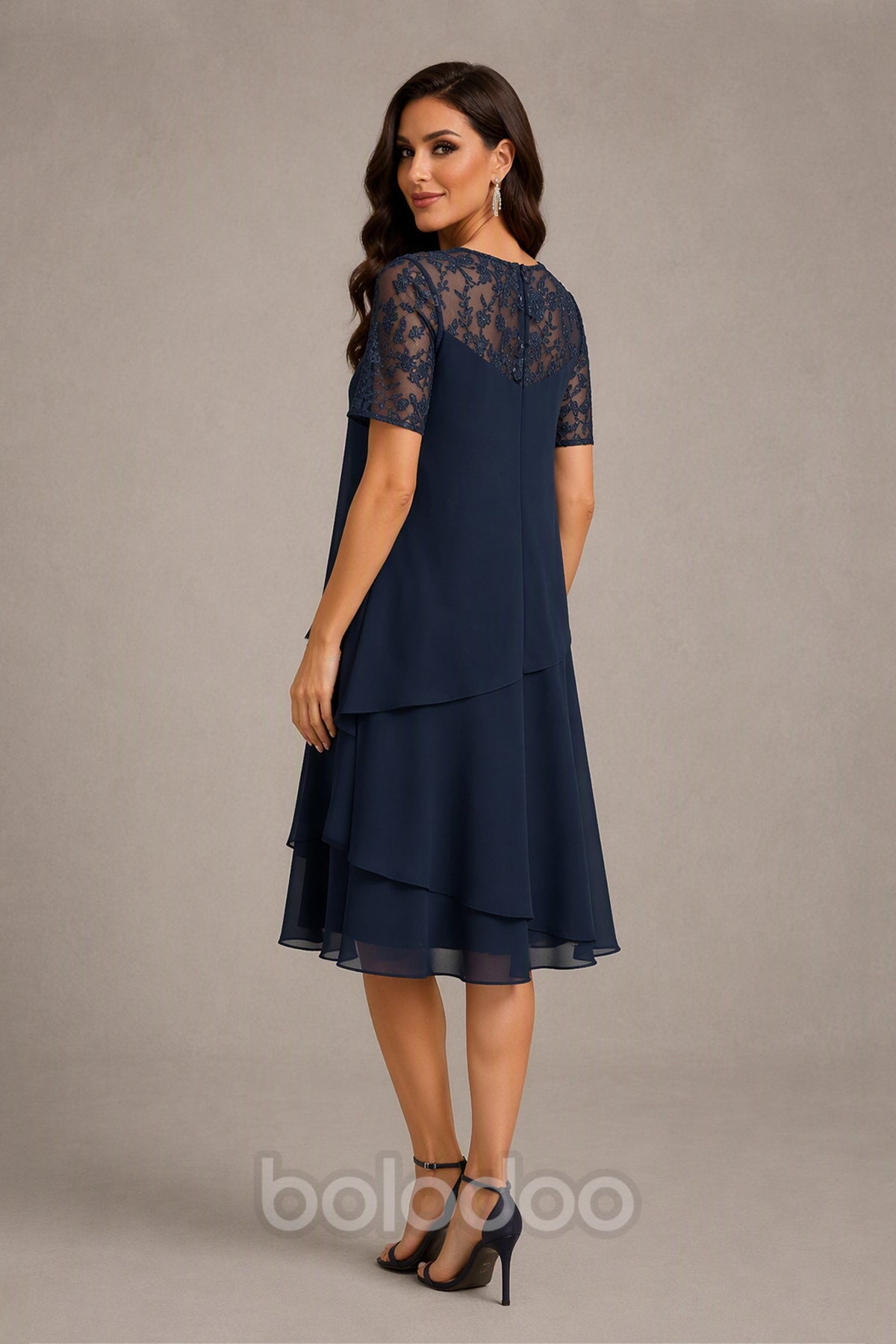 BOLODOO Navy Blue Illusion Lace Short Sleeve Tiered Chiffon Tea Length Dress - Front Full Length View | BOLODOO watermark