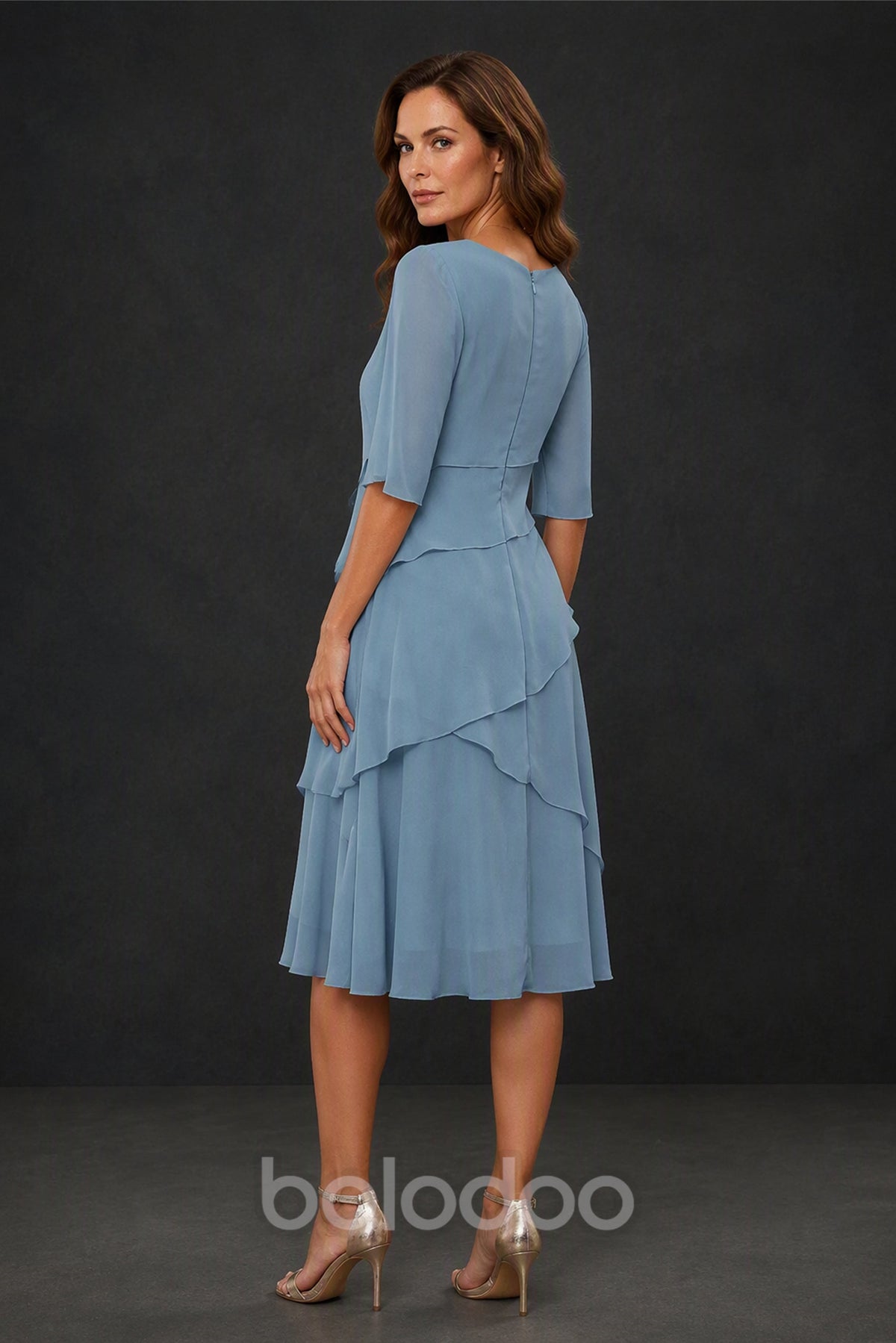 BOLODOO Dusty Blue Chiffon 3/4 Sleeve Asymmetric Tiered Tea Length Dress - Front Three Quarter View | BOLODOO watermark