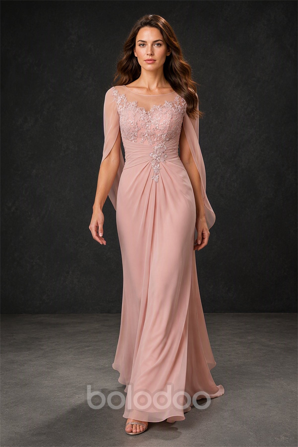 BOLODOO Blush Pink Illusion Lace Cape Sleeve Beaded Chiffon Gown - Front Full Length View | BOLODOO watermark