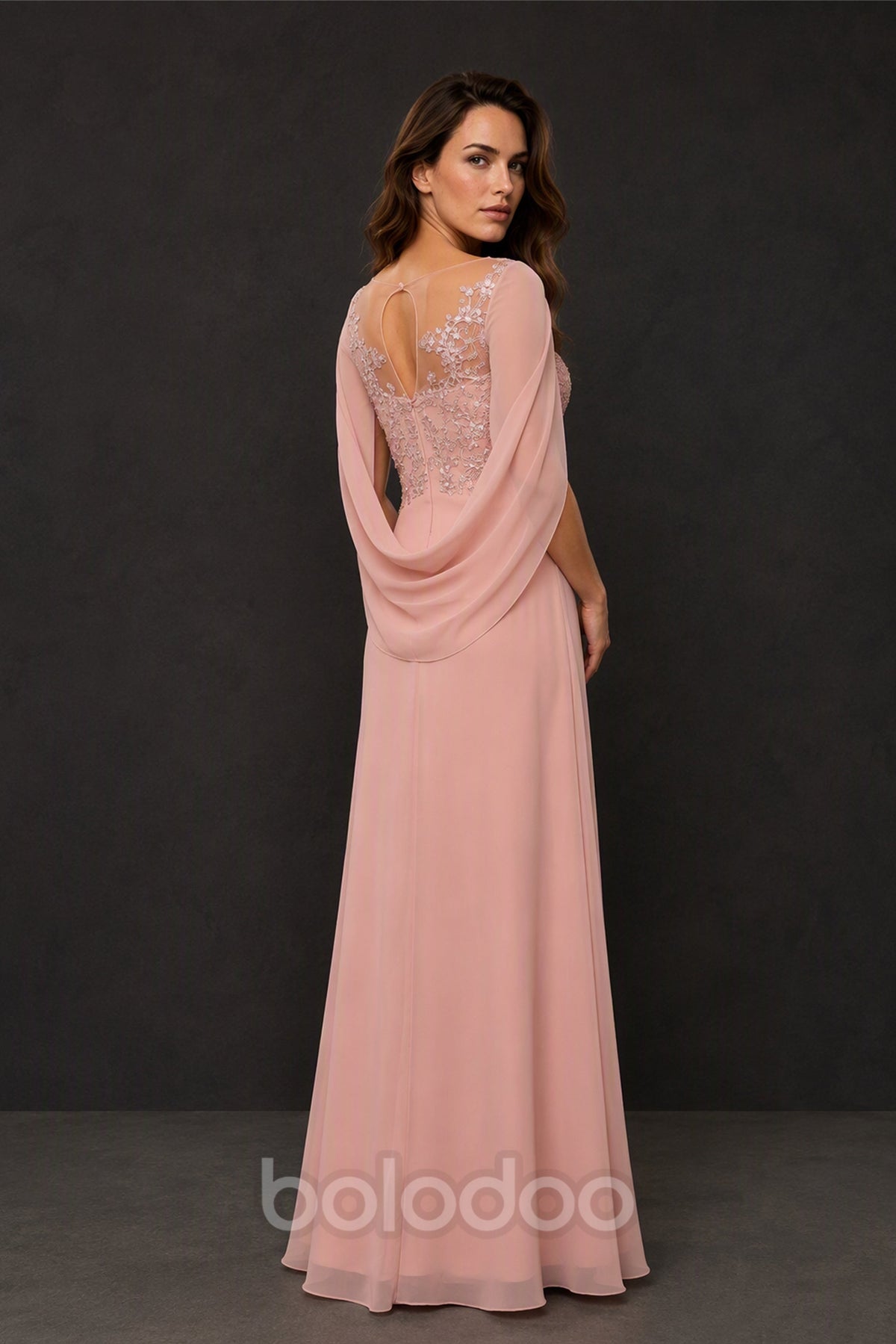 BOLODOO Blush Pink Illusion Lace Cape Sleeve Beaded Chiffon Gown - Back Illusion Lace View | BOLODOO watermark