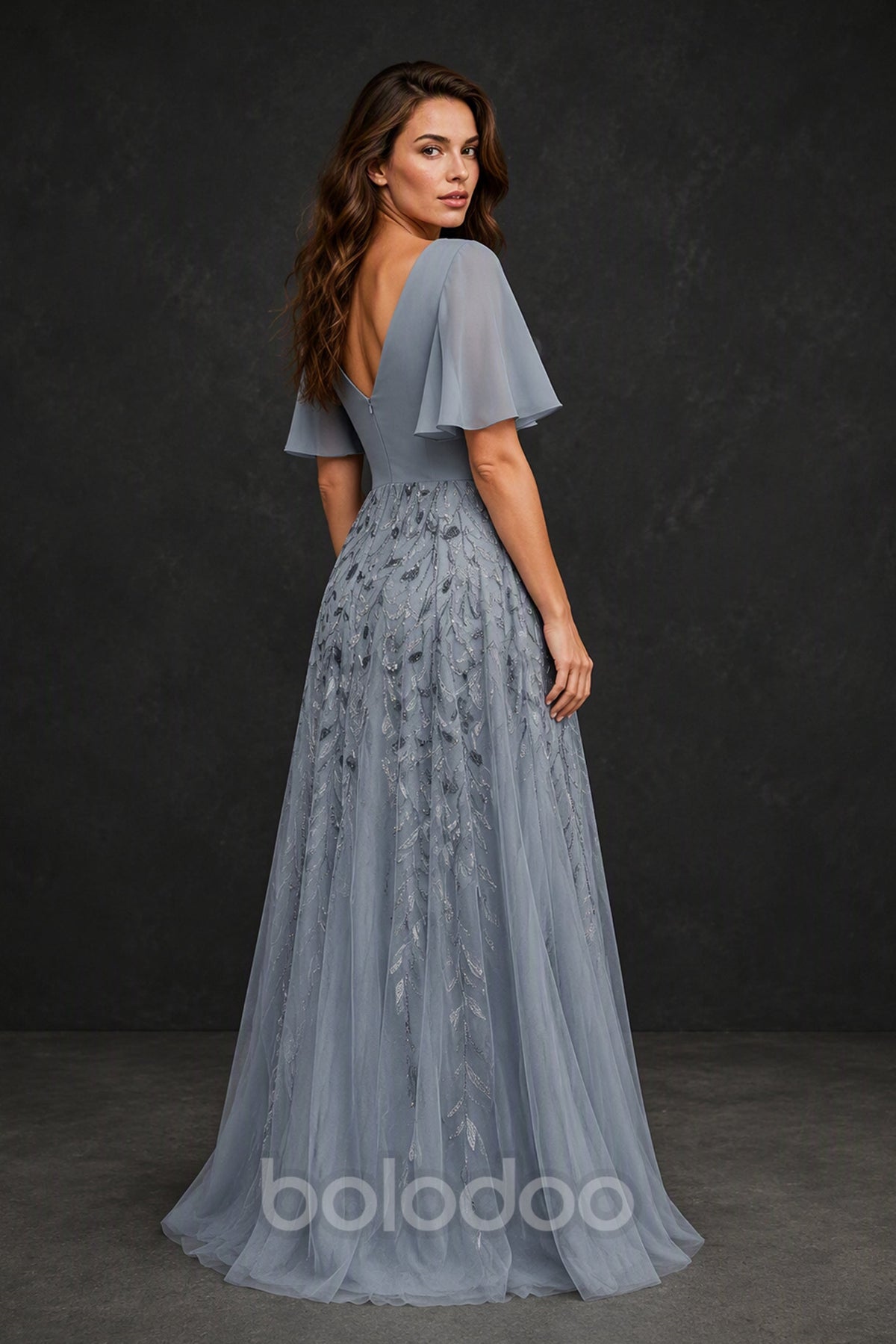 BOLODOO Steel Blue V-Neck Flutter Sleeve Beaded Botanical Tulle Gown - Back Open V-Back View | BOLODOO watermark