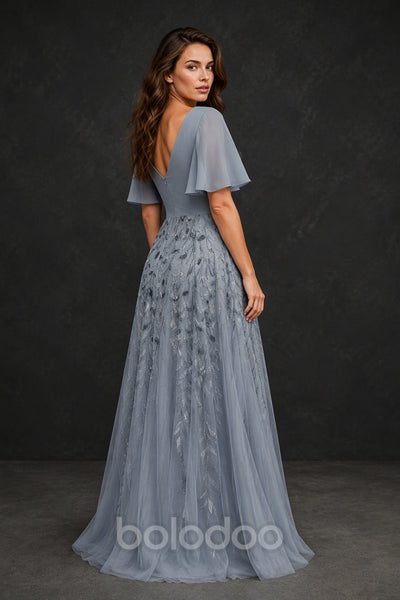 BOLODOO Steel Blue V-Neck Flutter Sleeve Beaded Botanical Tulle Gown - Back Open V-Back View | BOLODOO watermark