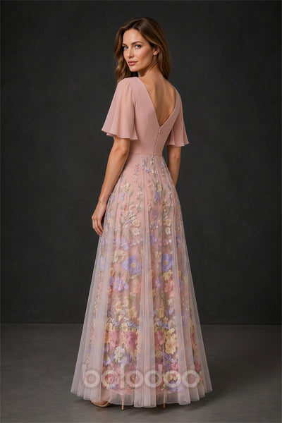 BOLODOO Dusty Rose V-Neck Flutter Sleeve Floral Embroidered Tulle Gown - Front Walking View | BOLODOO watermark