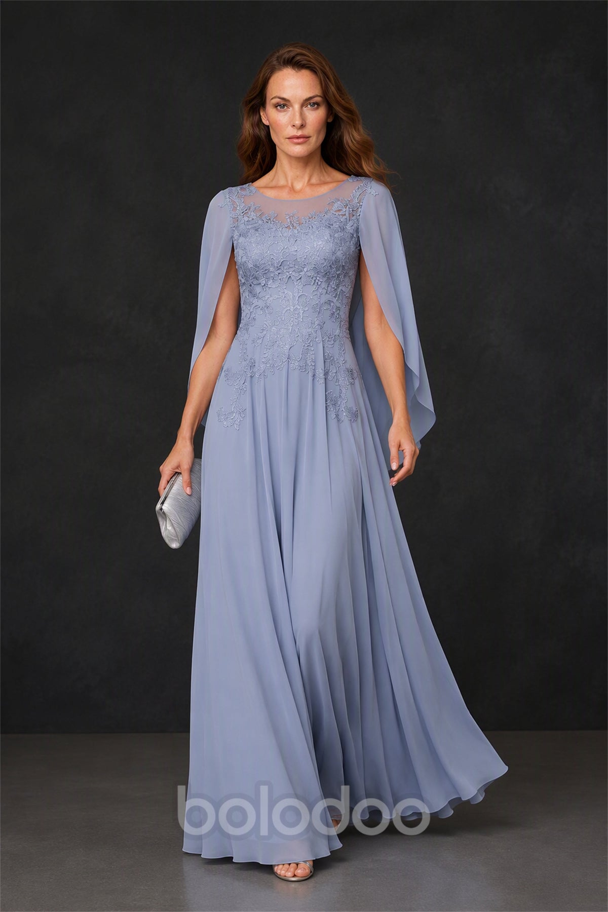 BOLODOO Cornflower Blue Illusion Lace Cape Sleeve Beaded Chiffon Gown - Side Three Quarter View | BOLODOO watermark