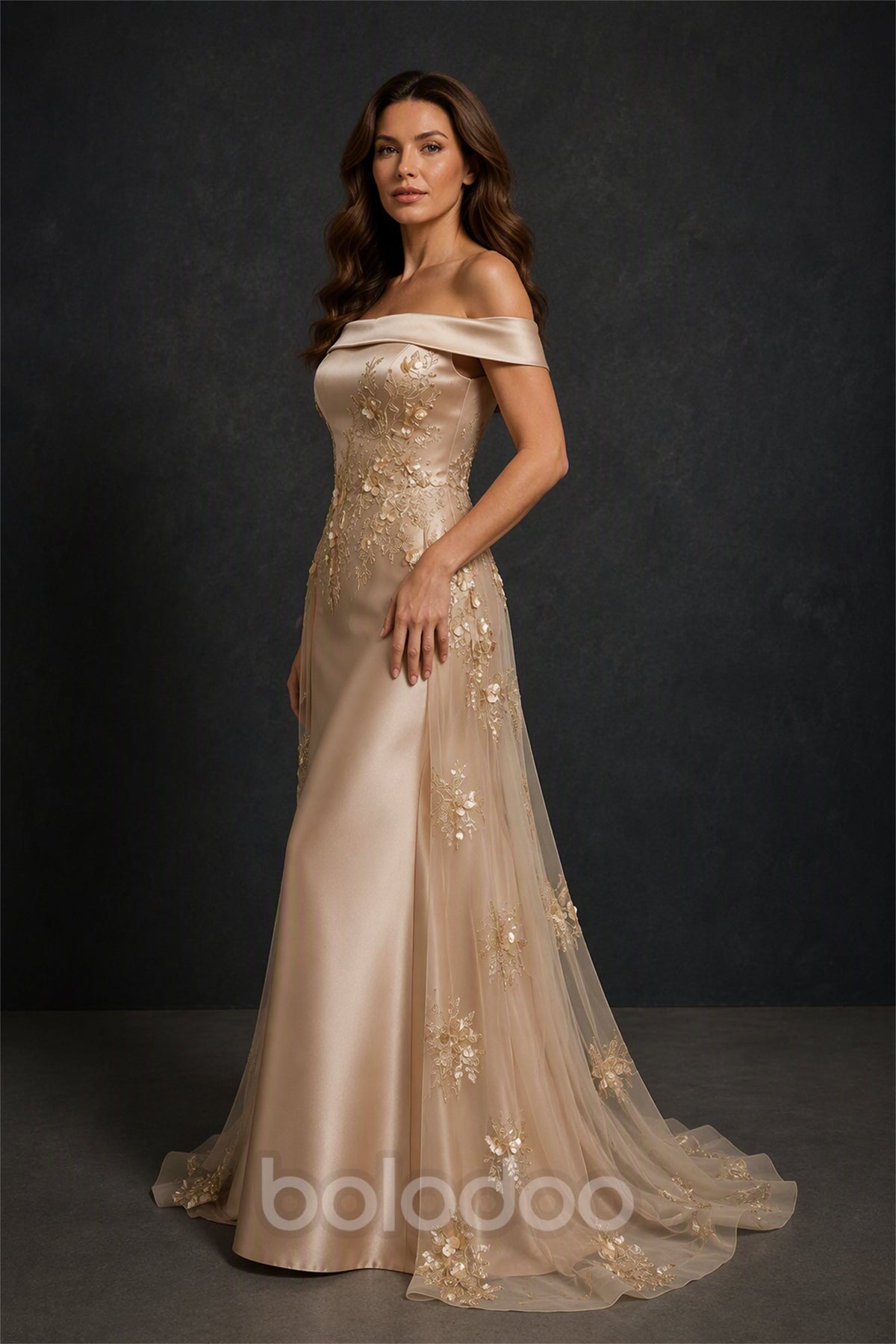 BOLODOO Champagne Gold Off-Shoulder Satin Floral Embroidered Mermaid Gown - Front Three Quarter View | BOLODOO watermark