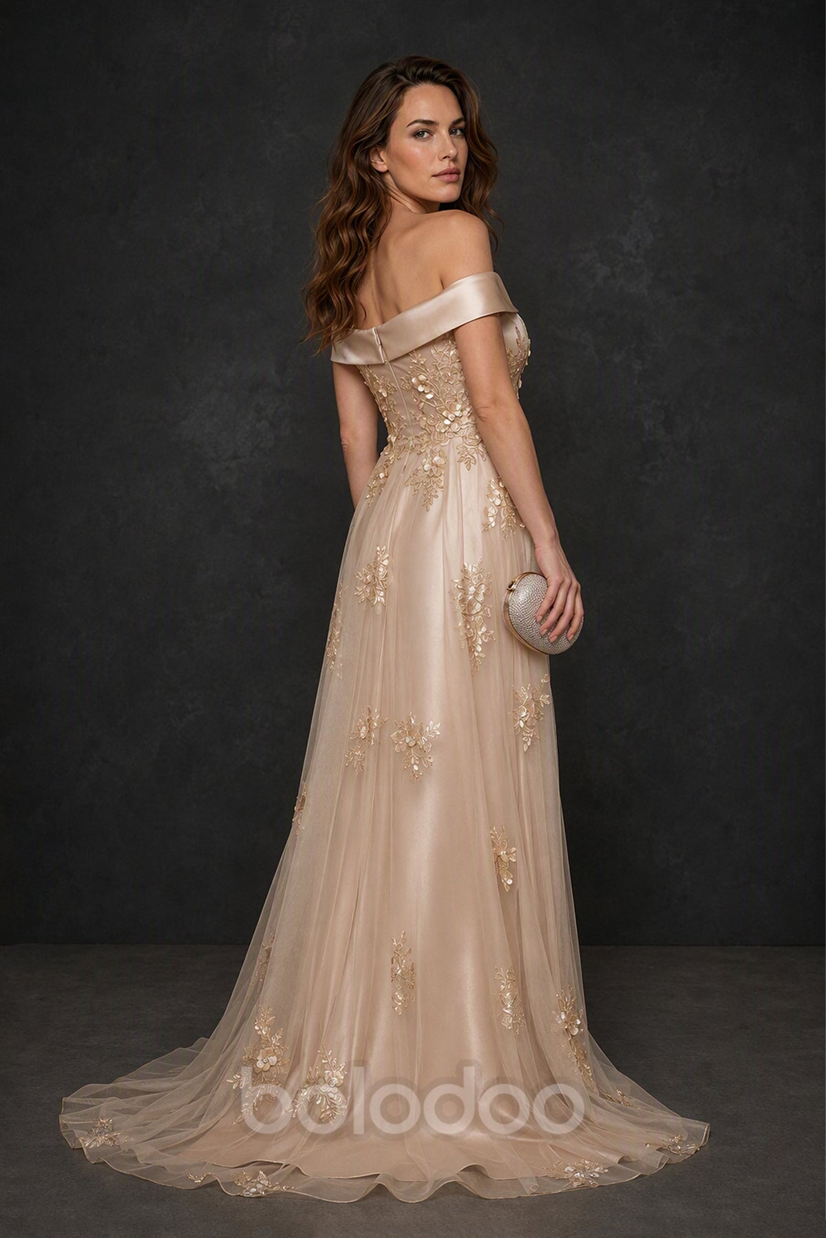BOLODOO Champagne Gold Off-Shoulder Satin Floral Embroidered Mermaid Gown - Back Sweep Train View | BOLODOO watermark