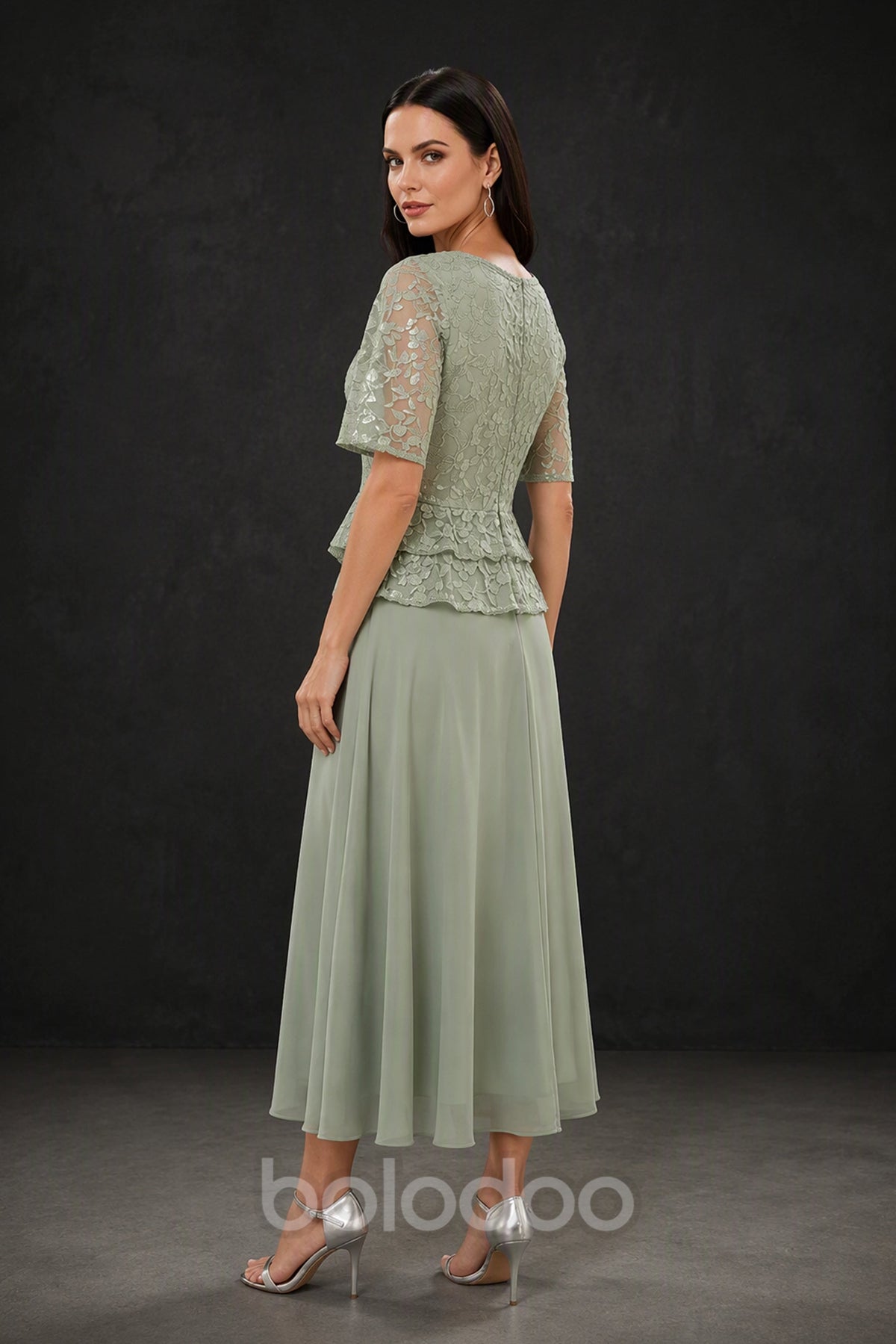 BOLODOO Sage Green Sequin Lace Peplum Two-Piece Set - Front View | BOLODOO watermark